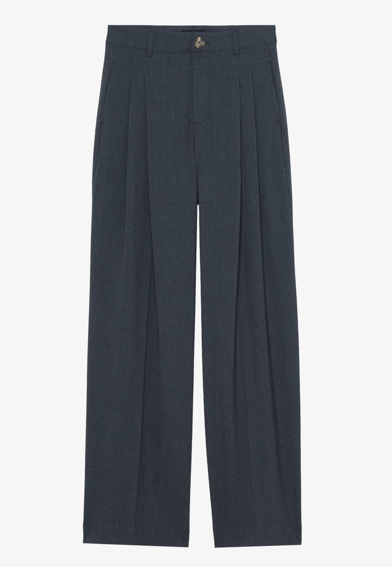 Wide-leg trousers made of textured dark gray fabric, featuring front pleats, a button closure, and side pockets for added functionality.