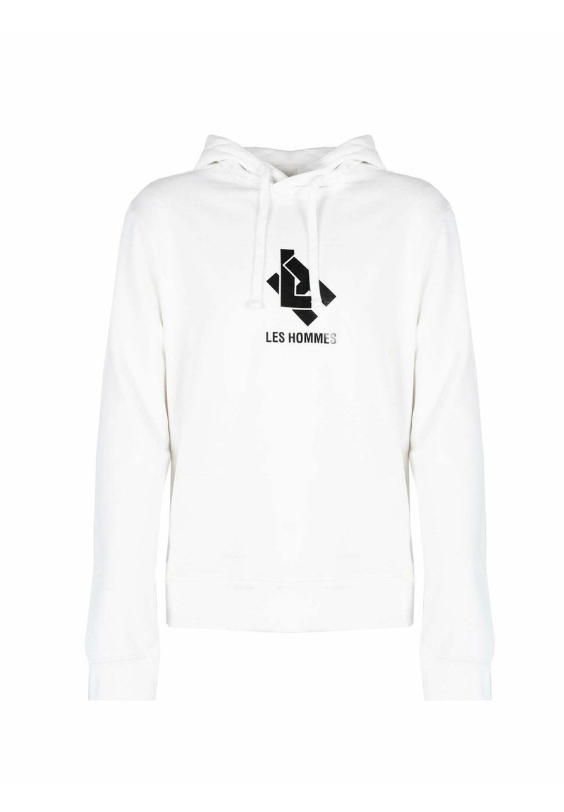 Sudadera blanca con un logo geométrico negro en el frontal y el texto "LES HOMMES". Confeccionada en una tela suave, tiene un corte relajado y capucha con cordones.