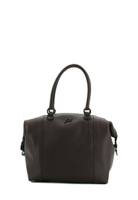 Borsa a mano in pelle marrone con texture, forma arrotondata, doppio manico e chiusura con cerniera. Presenta un logo discreto sul davanti.