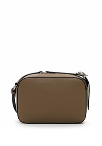 Brown leather rectangular crossbody bag with a textured surface, black trim, and a single adjustable strap. Features a zip closure.
