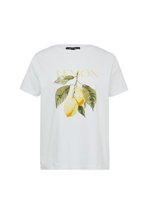 Biała bawełniana koszulka z grafiką cytryny i liścia w odcieniach żółtego i zielonego, z napisem "CYTRYNA" nad ilustracją.