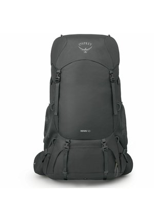 Zaino Osprey Renn 50 di colore grigio scuro, dotato di tasca laterale in rete, spallacci regolabili e design elegante e slanciato per l'uso all'aperto.