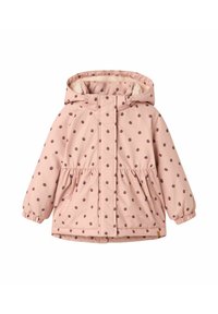 Gaiši rozā bērnu ziemas jaka ar kapuci, elastīgām piedurknēm, sānu kabatām un maziem mārītes zīmējumiem.