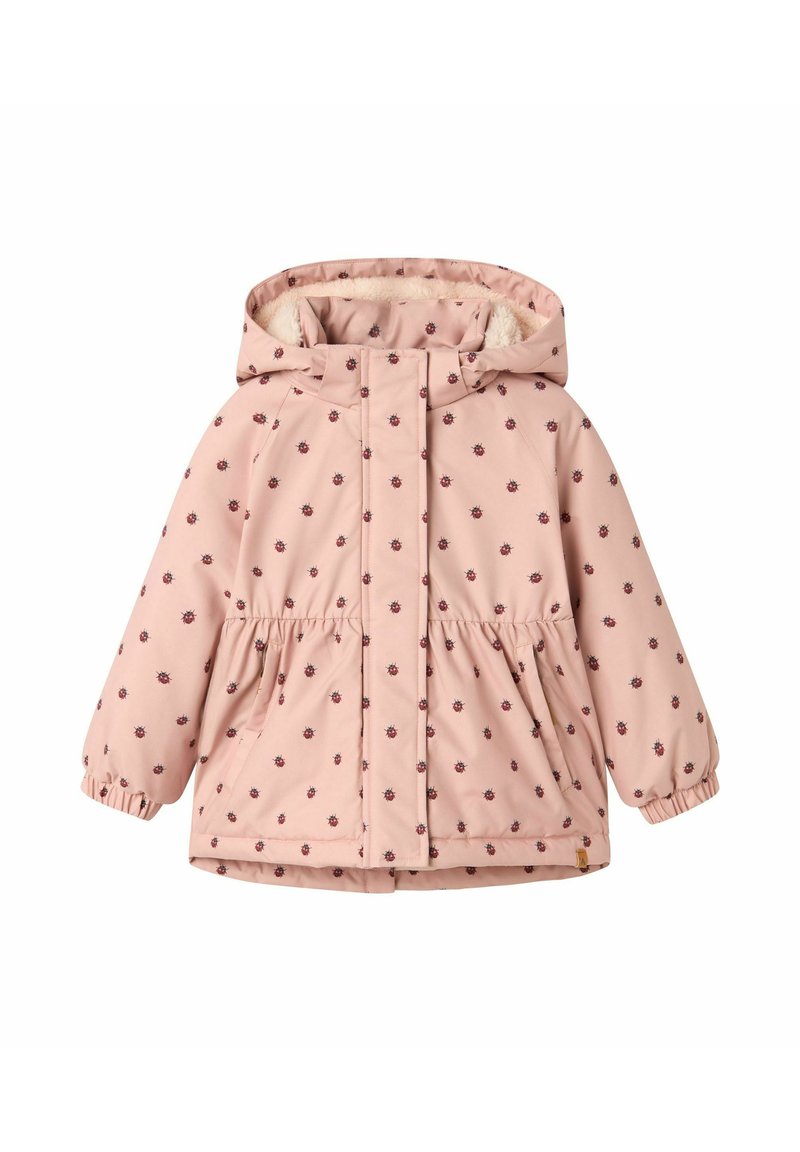 Gaiši rozā bērnu ziemas jaka ar kapuci, elastīgām piedurknēm, sānu kabatām un maziem mārītes zīmējumiem.