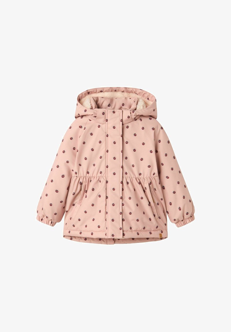 Vaaleanpunainen lasten huppari talvi takki, jossa on joustavat hihansuut, sivutaskut ja pieni leppäkerttu kuosi.