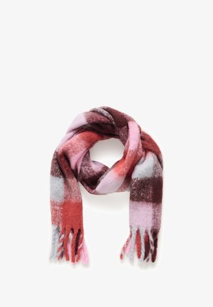 Wool plaid scarf featuring shades of red, pink, and gray, with a soft texture and fringed ends. Suitable for layering.