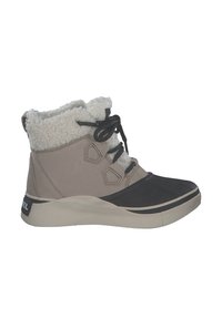 Beige en zwarte enkellaarzen met een fleece kraag, platte rubberen zool en gestructureerde details aan de zijkant. Voorzien van zwarte veters en branding.