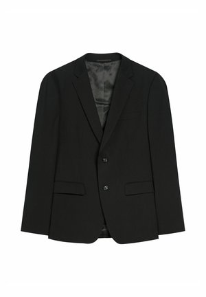 Czarna marynarka o dopasowanym kroju, jednorzędowa, z dwiema przednimi kieszeniami i dwoma czarnymi guzikami. Gładka podszewka.