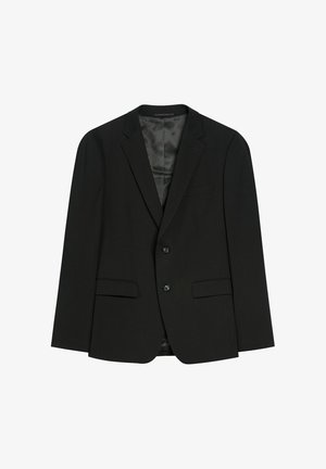 Czarna marynarka o dopasowanym kroju, jednorzędowa, z dwiema przednimi kieszeniami i dwoma czarnymi guzikami. Gładka podszewka.