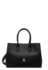 Borsa a tracolla in pelle nera con manici doppi, texture liscia, logo d'oro a forma di ape che arricchisce la parte frontale e una tracolla regolabile.