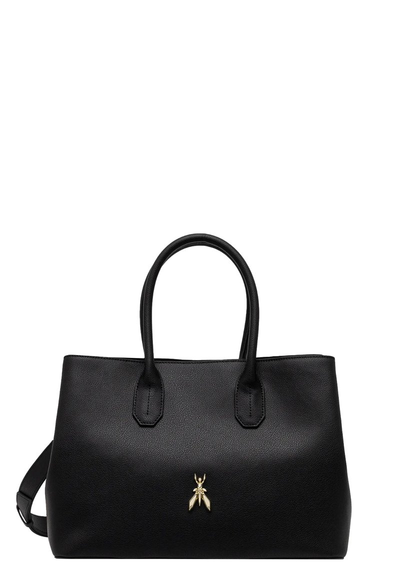 Borsa a tracolla in pelle nera con manici doppi, texture liscia, logo d'oro a forma di ape che arricchisce la parte frontale e una tracolla regolabile.