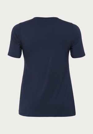 T-shirt bleu marine à manches courtes, texture douce, col rond, coupe droite, design minimal, sans logos ni motifs visibles.