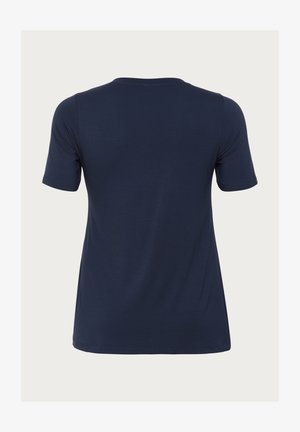Navy blue short-sleeve T-shirt, soft texture, round neckline, straight cut, minimal design, no visible logos or patterns.