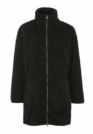 Zwarte fleecejas met een hoge kraag, volledige ritssluiting aan de voorkant en lange mouwen. Zachte textuur met een ontspannen, oversized pasvorm. Geen zichtbare patronen.