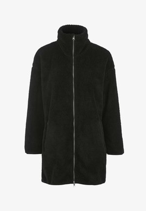 Black fleece jacket with a high collar, full zip front, and long sleeves. Soft texture with a relaxed, oversized fit. No visible patterns.