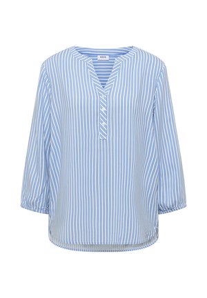 Lichtblauw-witte blouse met verticale strepen, driekwartmouwen, V-hals met knopen en elastische manchetten.