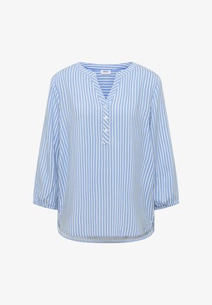 Lichtblauw-witte blouse met verticale strepen, driekwartmouwen, V-hals met knopen en elastische manchetten.