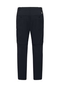 Pantaloni cargo neri con taglio dritto, dotati di numerose tasche, una vita e un tessuto leggero e liscio. Vista posteriore.