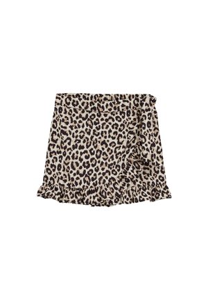 Leopardmönstrad knytkjol i beige och svart, med en volangkant och en mjuk, lätt tygtextur.