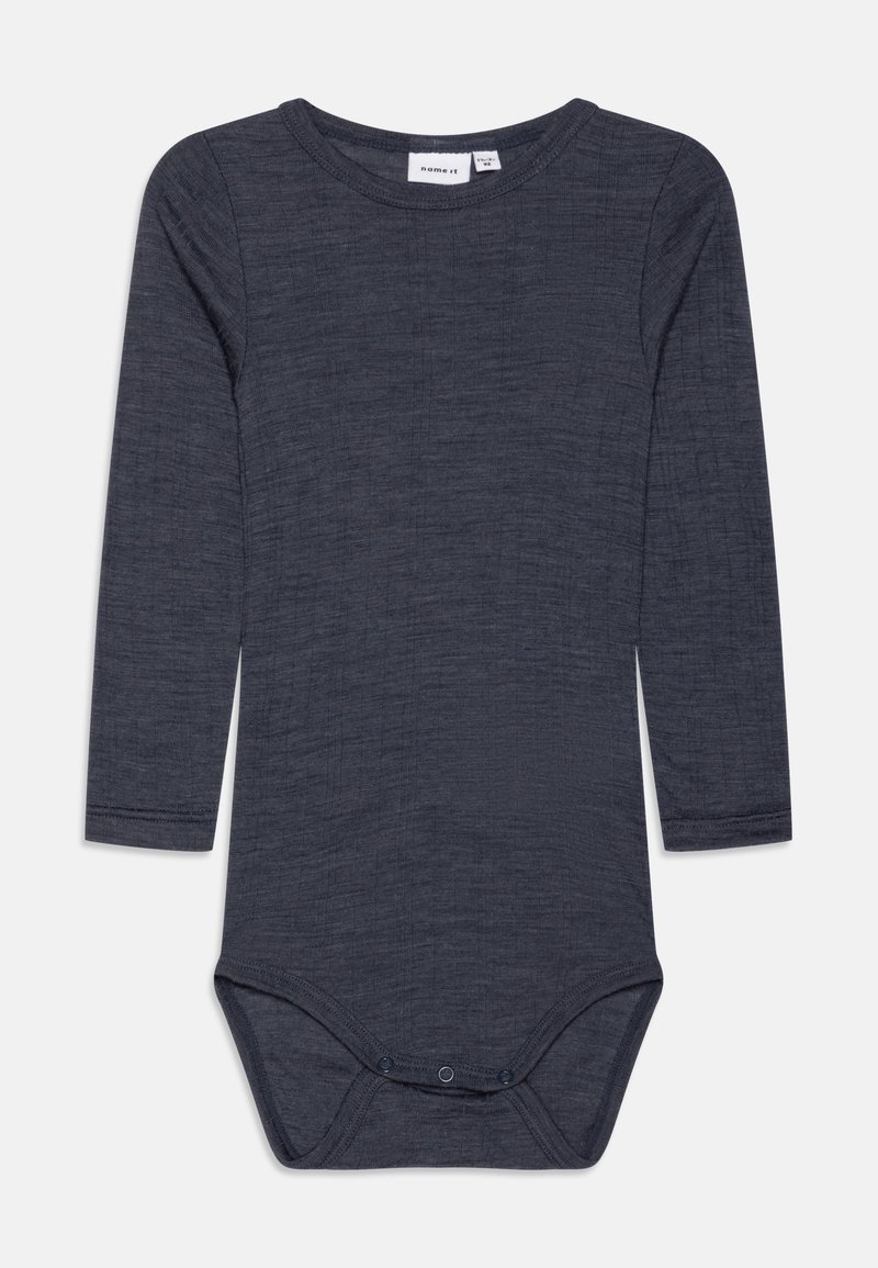 Long-sleeve bodysuit in dark navy, made from textured fabric. Features a round neck and snap closures at the bottom for easy dressing.
