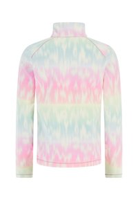 Mikina z fleecu s vysokým límcem, zdobená pastelovým tie-dye vzorem v růžové, zelené a modré. Dlouhé rukávy s kontrastním prošíváním.