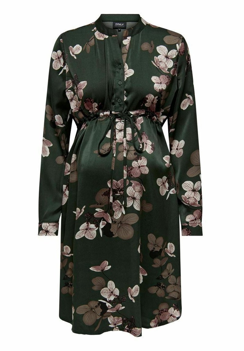 Robe longue verte foncée à manches longues, motifs floraux roses et marrons, boutonnée sur le devant et ceinture à cordon à la taille.
