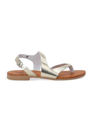 Metallisch goldene Sandalen mit flachem Sole, offenes Zehendesign, verstellbare Knöchelriemen und gepolsterter, brauner Innensohle. Glatte Textur und minimalistischer Stil.
