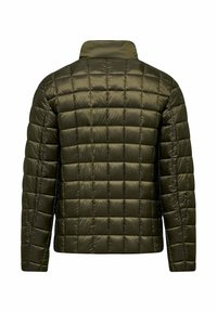 Zielona pikowana kurtka z wysokim kołnierzem, gładką teksturą i prostokątnymi wzorami podszewki dla izolacji. Widok z tyłu nie pokazuje widocznych elementów metalowych.