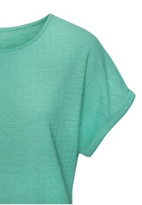 Mintgrünes T-Shirt mit kurzen Ärmeln aus strukturiertem Stoff, mit Rundhalsausschnitt und hochgerollten Ärmeln.