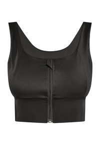 Sutien sport negru, scurt, dintr-un material neted, cu bretele late și închidere cu fermoar în față. Conceput pentru confort și susținere.