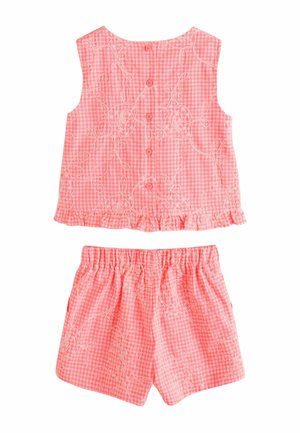 Pinkes ärmelloses Oberteil im Gingham-Karo mit Knopfleiste und passende Shorts mit elastischem Bund, weißem, besticktem Blumenmuster und gerafftem Saum.