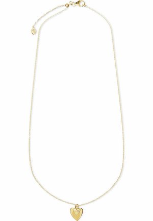 Goldfarbene Kettenhalskette mit einem polierten Herzanhänger, verziert mit einem kleinen klaren Edelstein. Zartes Design mit einem Karabinerhakenverschluss.