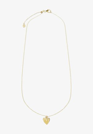 Collana in metallo dorato con ciondolo a forma di cuore lucido e un piccolo accento di pietra preziosa trasparente. Design delicato con chiusura a moschettone.
