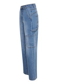 Ljusblå denim-cargo byxor med en avslappnad passform, som har sidofickor, hög midja och synliga söm detaljer.