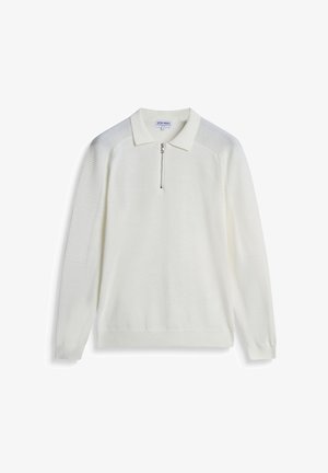 Maglione bianco con zip e colletto, caratterizzato da una trama a coste sulle spalle e sulle maniche. Tessuto morbido con una vestibilità rilassata.