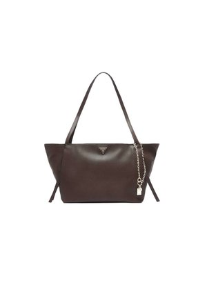 Sac à main en cuir marron foncé avec deux bretelles, une chaîne argentée avec un petit pendentif cadenas et un petit logo triangulaire à l'avant.