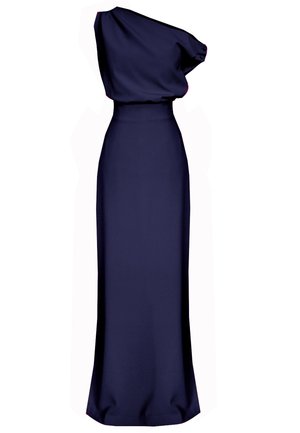 Granatowa sukienka na jedno ramię z gładkiego materiału. Posiada drapowane wykończenie, dopasowaną talię oraz długą spódnicę sięgającą do ziemi, bez zdobień.