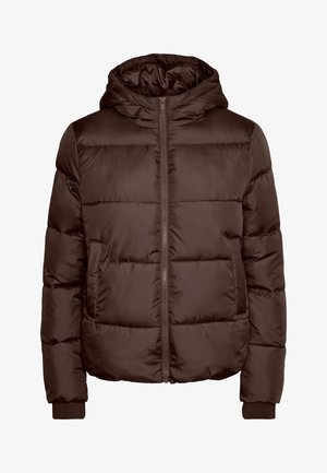 Veste matelassée marron avec capuche, dotée d'une fermeture éclair avant, de deux poches latérales et de poignets côtelés. Texture lisse et brillante avec un design matelassé.