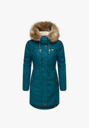 Tiefblaue Parka-Jacke mit einer kapuze mit Fellbesatz, verstellbarem Kordelzug an der Taille, zwei vorderen Taschen und Knopfverschluss. Glattes, wasserabweisendes Material.