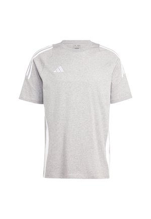 Gray short-sleeve athletic t-shirt with white side panels and three white stripes on shoulders. Features a round neckline and a relaxed fit.