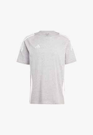 Gray short-sleeve athletic t-shirt with white side panels and three white stripes on shoulders. Features a round neckline and a relaxed fit.