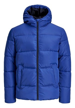 Blue puffer jacket with a hood, featuring a zip closure, side pockets, quilted design, and smooth texture.