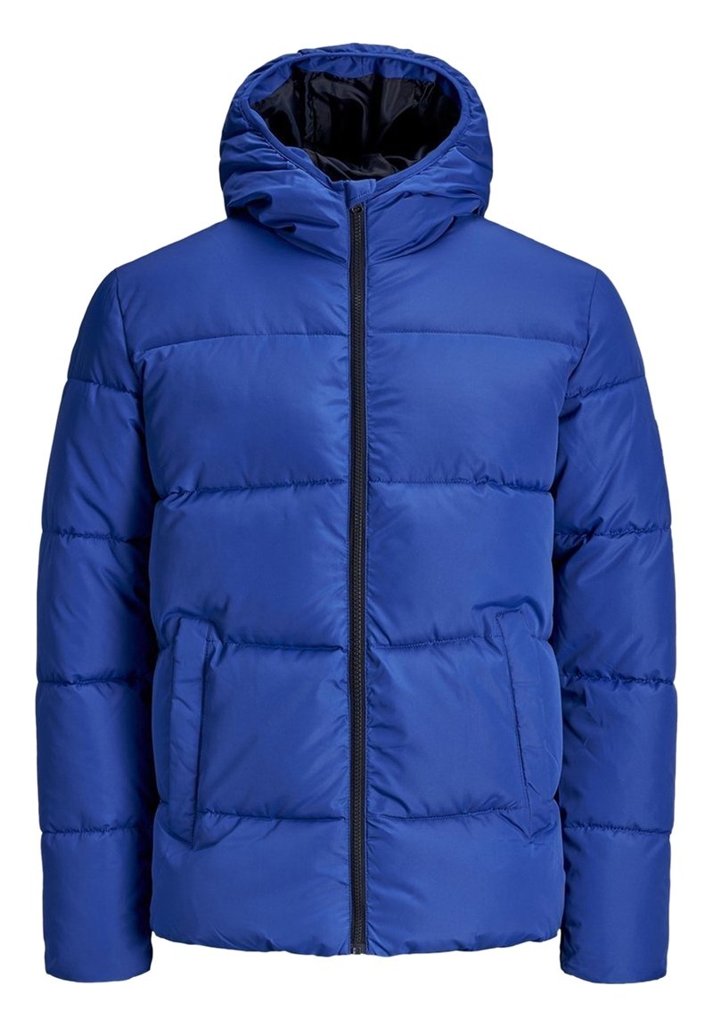 Niebieska puchowa kurtka z kapturem, zapinana na zamek, z bocznymi kieszeniami, pikowanym wzorem i gładką fakturą.