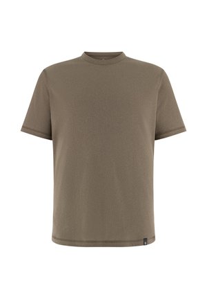 T-shirt marron à manches courtes et col rond, avec une petite étiquette noire au bas de l'ourlet, sur fond blanc.