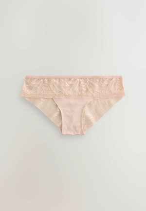 Világos rózsaszín csipkés tanga, virágmintás csipkés derékpánttal és sima anyaggal alul. Az egyszerű dizájn kényelmes viseletet biztosít.