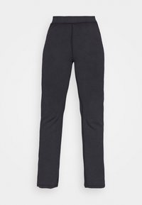 Calças de moleton pretas, ajustadas, com uma textura suave, cintura elástica e pernas retas, desenhadas para conforto e uso casual.