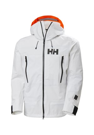 Giacca impermeabile bianca da uomo con cappuccio foderato arancione, cerniera nera e tasche con cerniera, e logo "HH" nero sul petto.