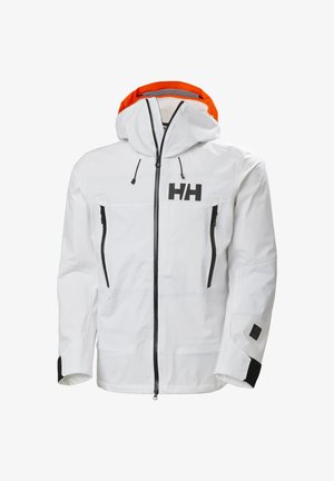 Giacca impermeabile bianca da uomo con cappuccio foderato arancione, cerniera nera e tasche con cerniera, e logo "HH" nero sul petto.