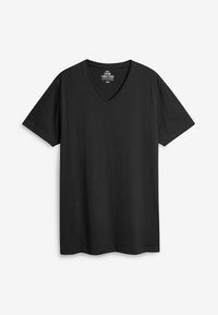 Tricou negru din bumbac, cu guler în V și mâneci scurte, având o textură netedă și o croială lejeră. Design simplu, fără modele sau ornamente.