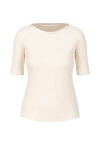 Cream-colored short-sleeve shirt with a round neckline and folded sleeves. Made of smooth fabric with a subtle sheen.